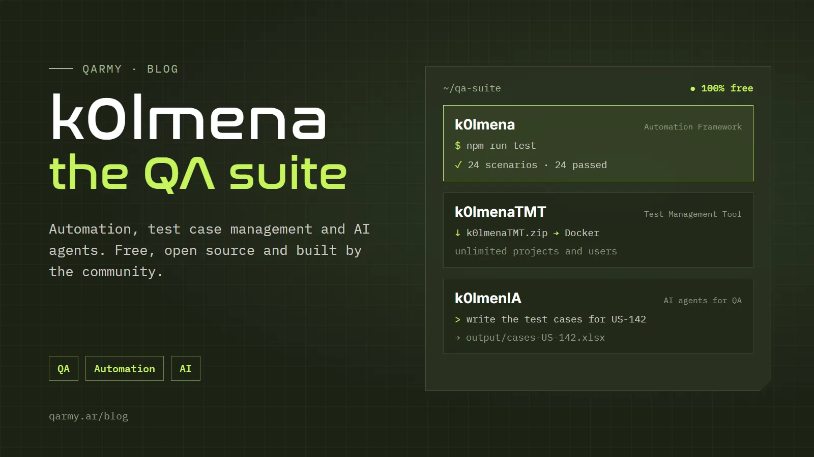 k0lmena, QARMY's QA suite: automation framework, k0lmenaTMT test case manager and k0lmenIA AI agents