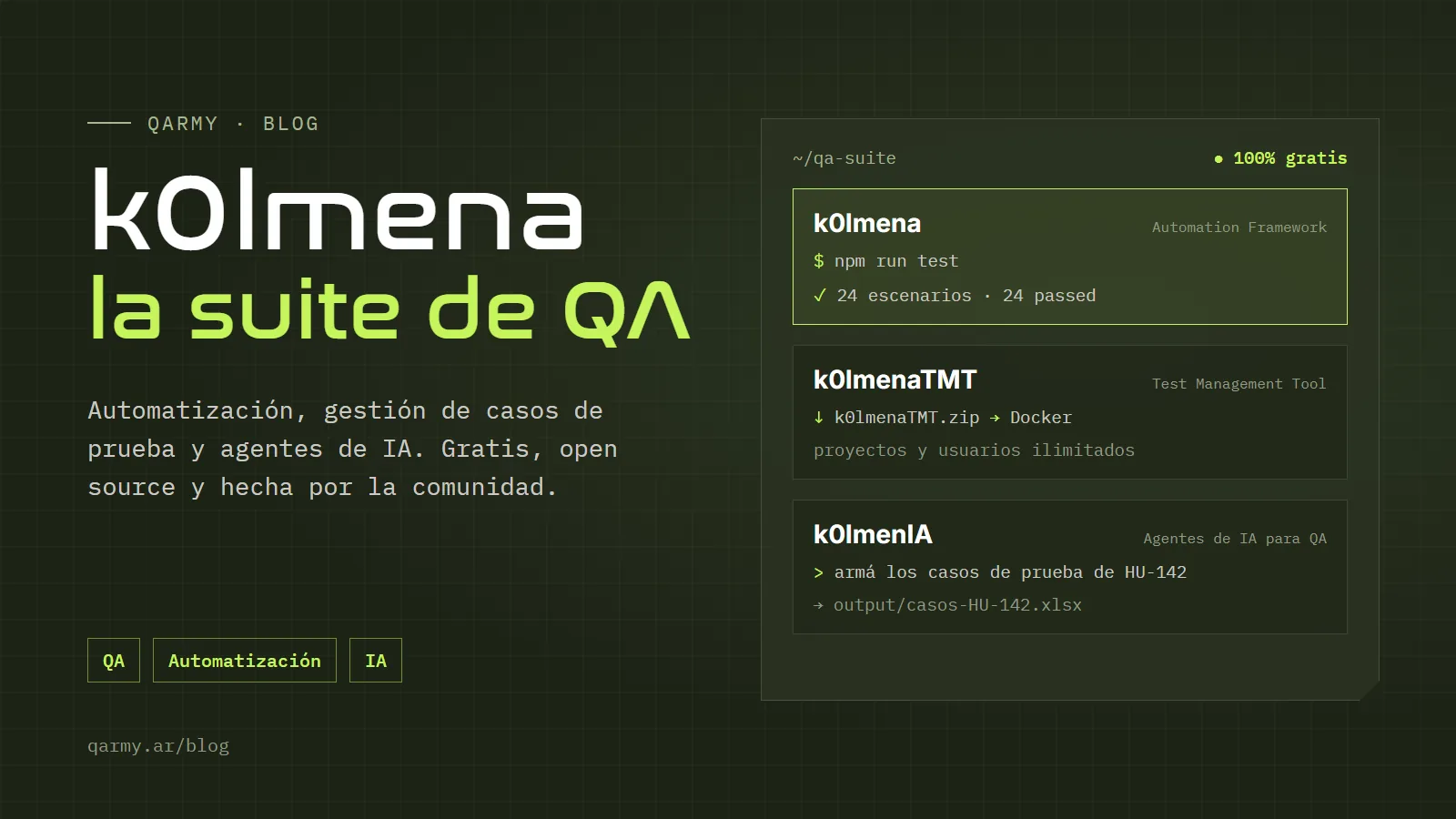k0lmena, la suite de QA de QARMY: framework de automatización, gestor de casos de prueba k0lmenaTMT y agentes de IA k0lmenIA