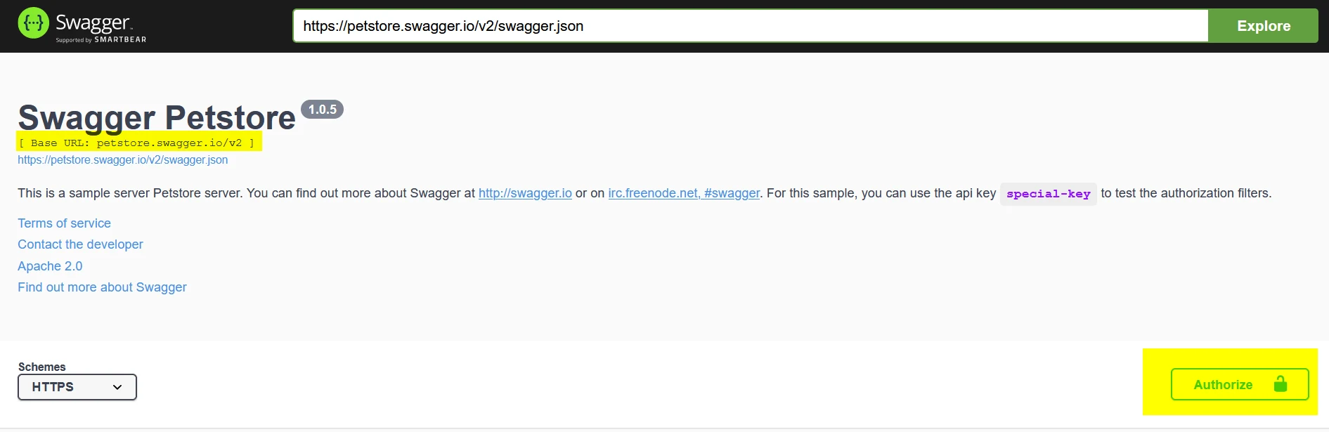 Petstore Swagger UI: base URL and Authorize button