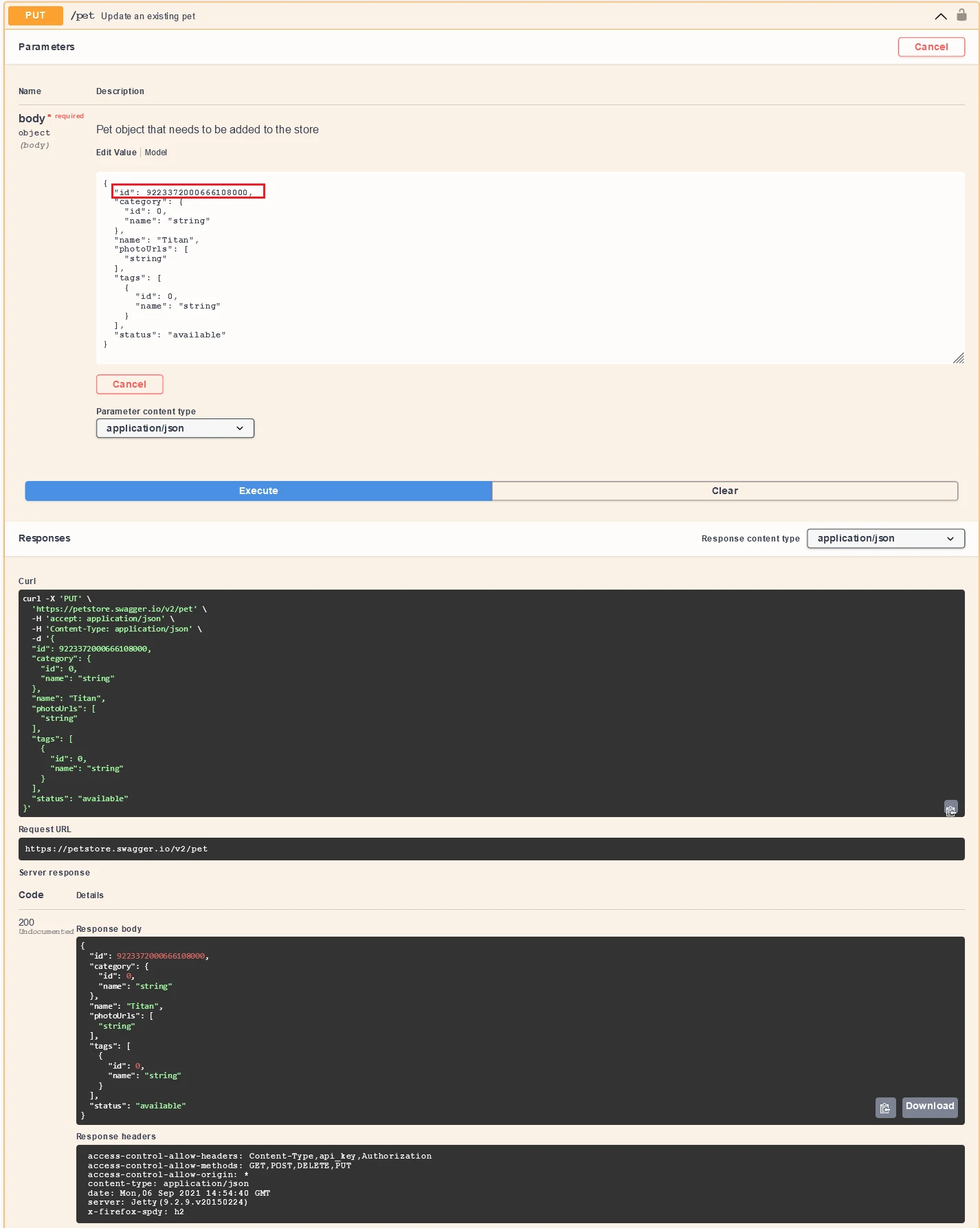 PUT method in Swagger UI