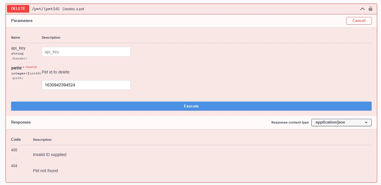 DELETE method in Swagger UI