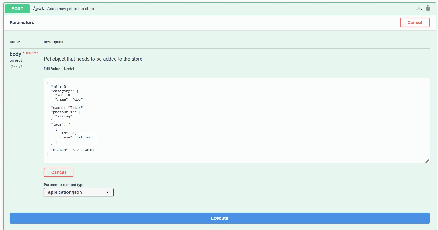 POST method with a JSON body in Swagger UI