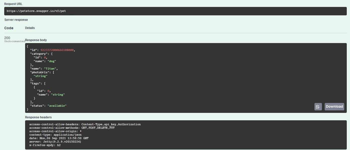 200 response to the POST in Swagger UI