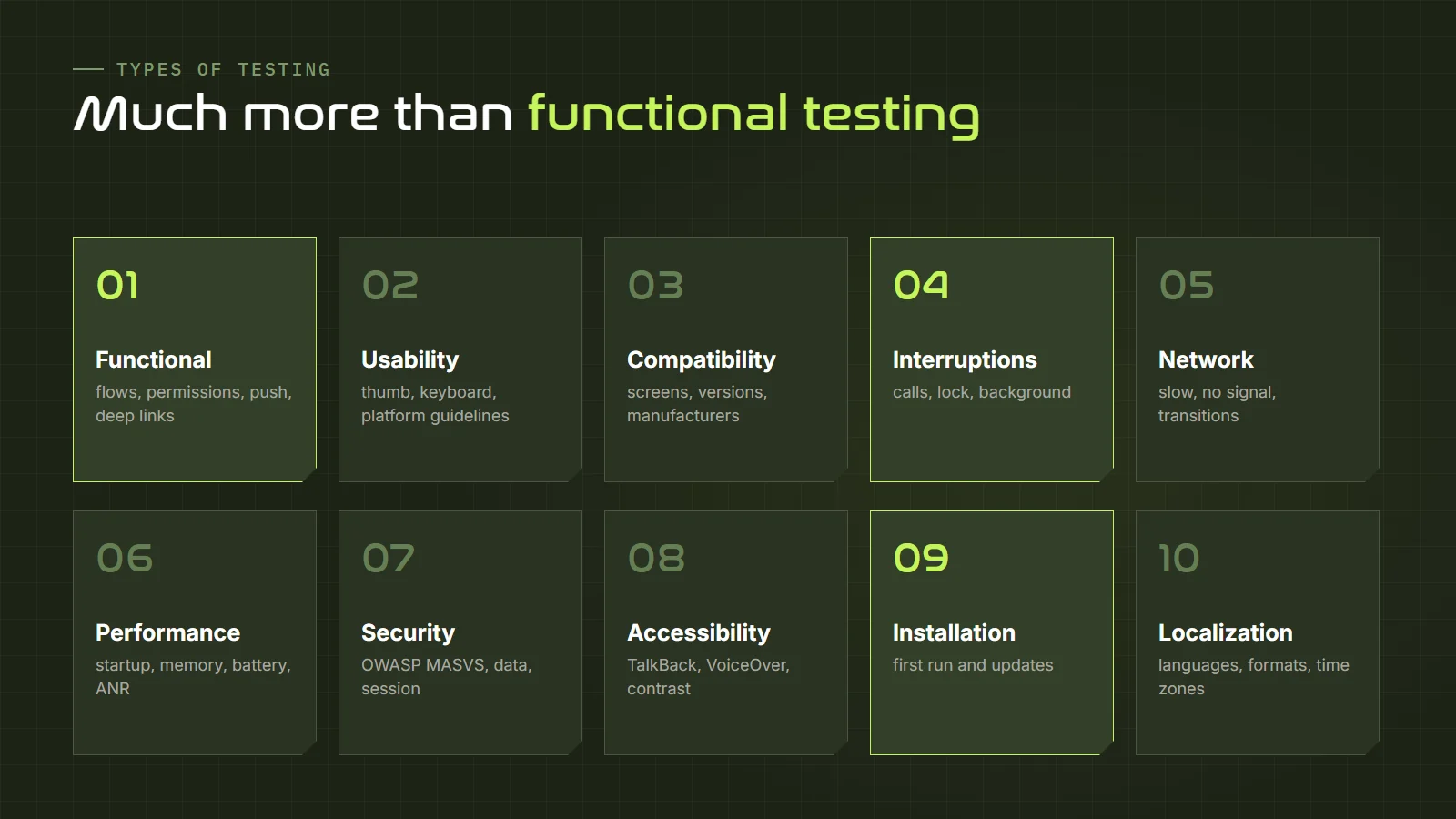 Ten types of mobile testing: functional, usability, compatibility, interruptions, network, performance and battery, security, accessibility, installation and updates, localization