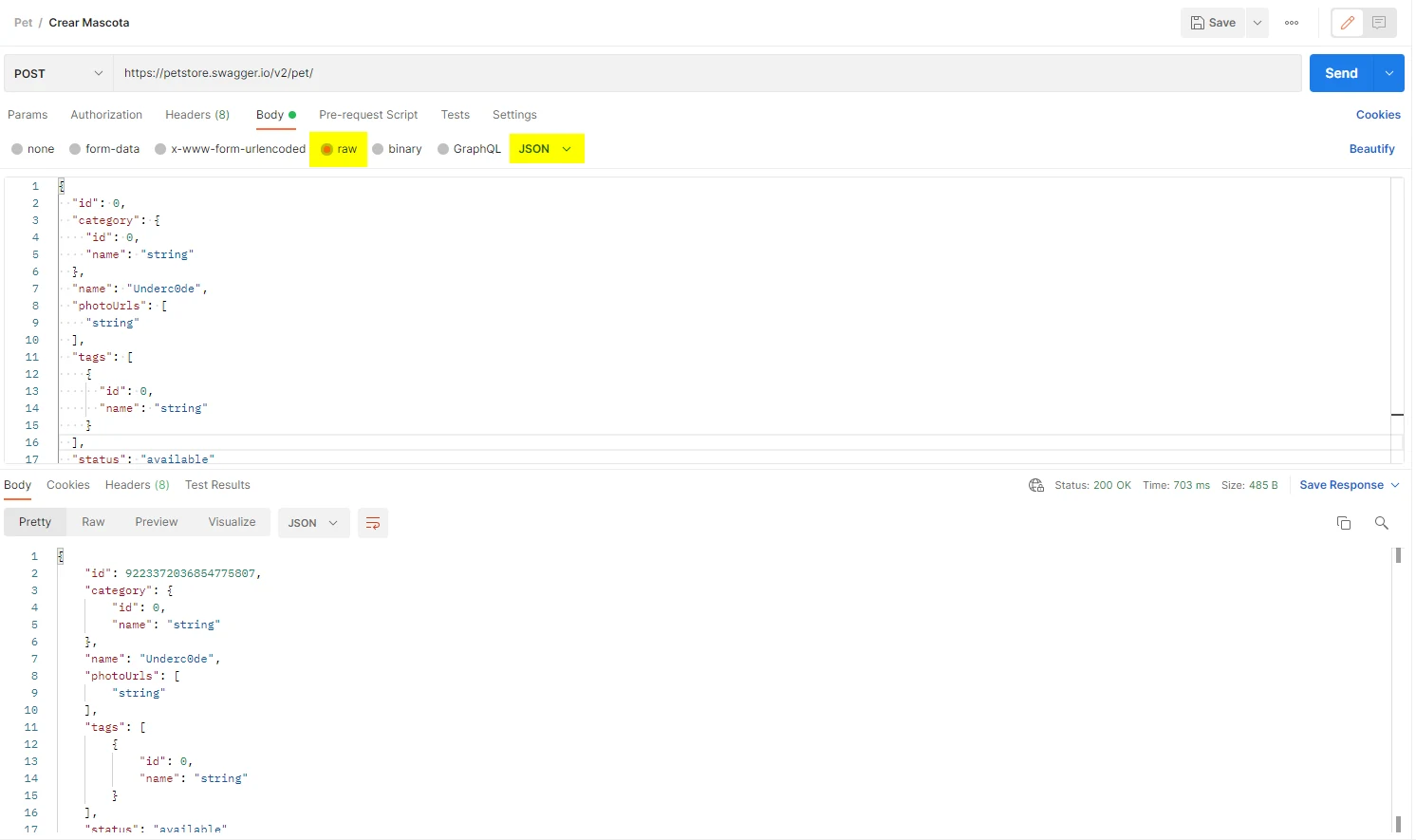 POST request in Postman with a JSON body