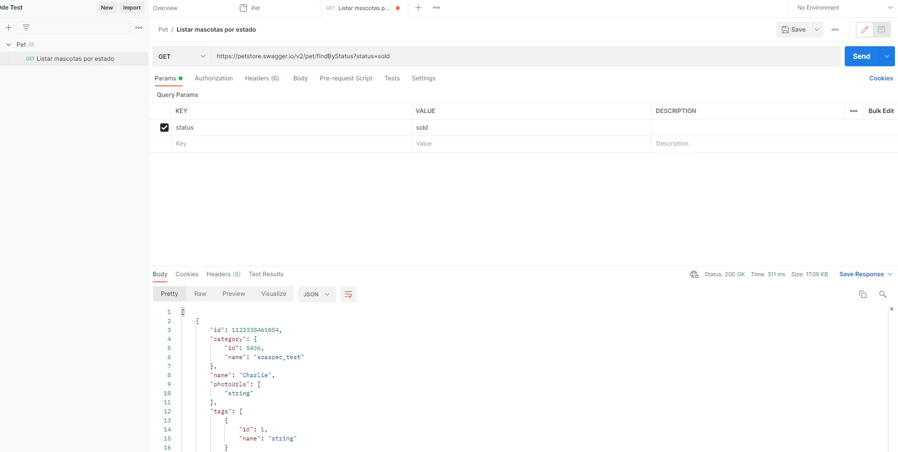 GET request in Postman with the response
