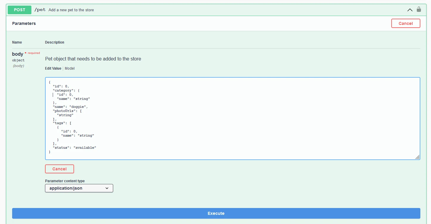 Sample body of the POST method in Swagger
